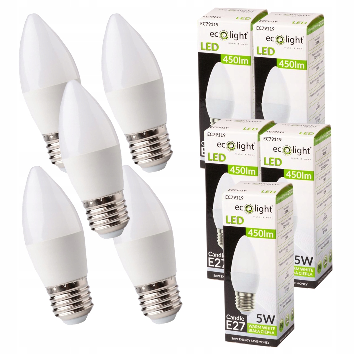 

5x Żarówka Led E27 5W 3000K Świeczka Ciepła 5W=40W
