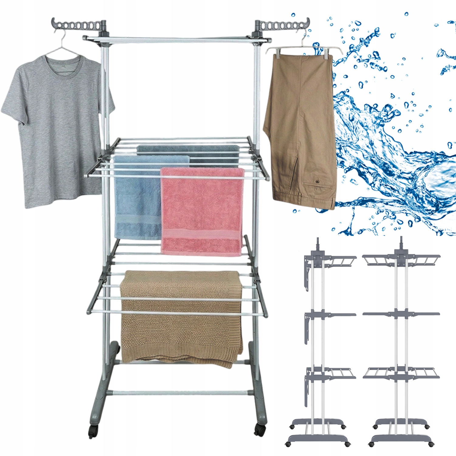 Levně Mobilní Sušák Na Oblečení 3 Patra Kolečka 360° Do Obývacího Pokoje A Balkonu