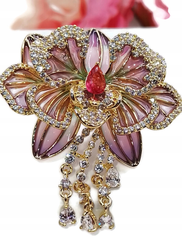 Luxusní Brož Květina Orchidej Vitráž Zlatá 14K Gp +krabička Jako Dárek