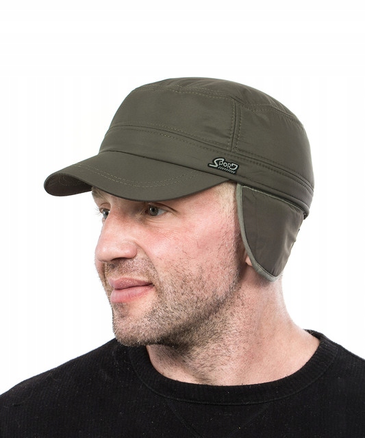 

Oliwkowa Czapka z daszkiem z nausznikami ocieplana