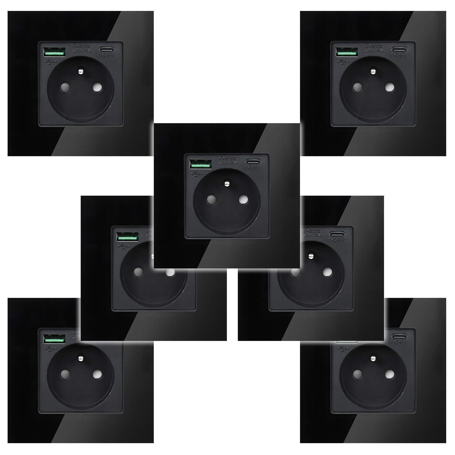 7 x Černá Elektrická Zásuvka Nástěnný Kontakt S Vestavěnou Usb Nabíječkou