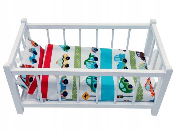 BIAŁE DREWNIANE ŁÓŻECZKO DLA LALEK + POŚCIEL 3 elementy