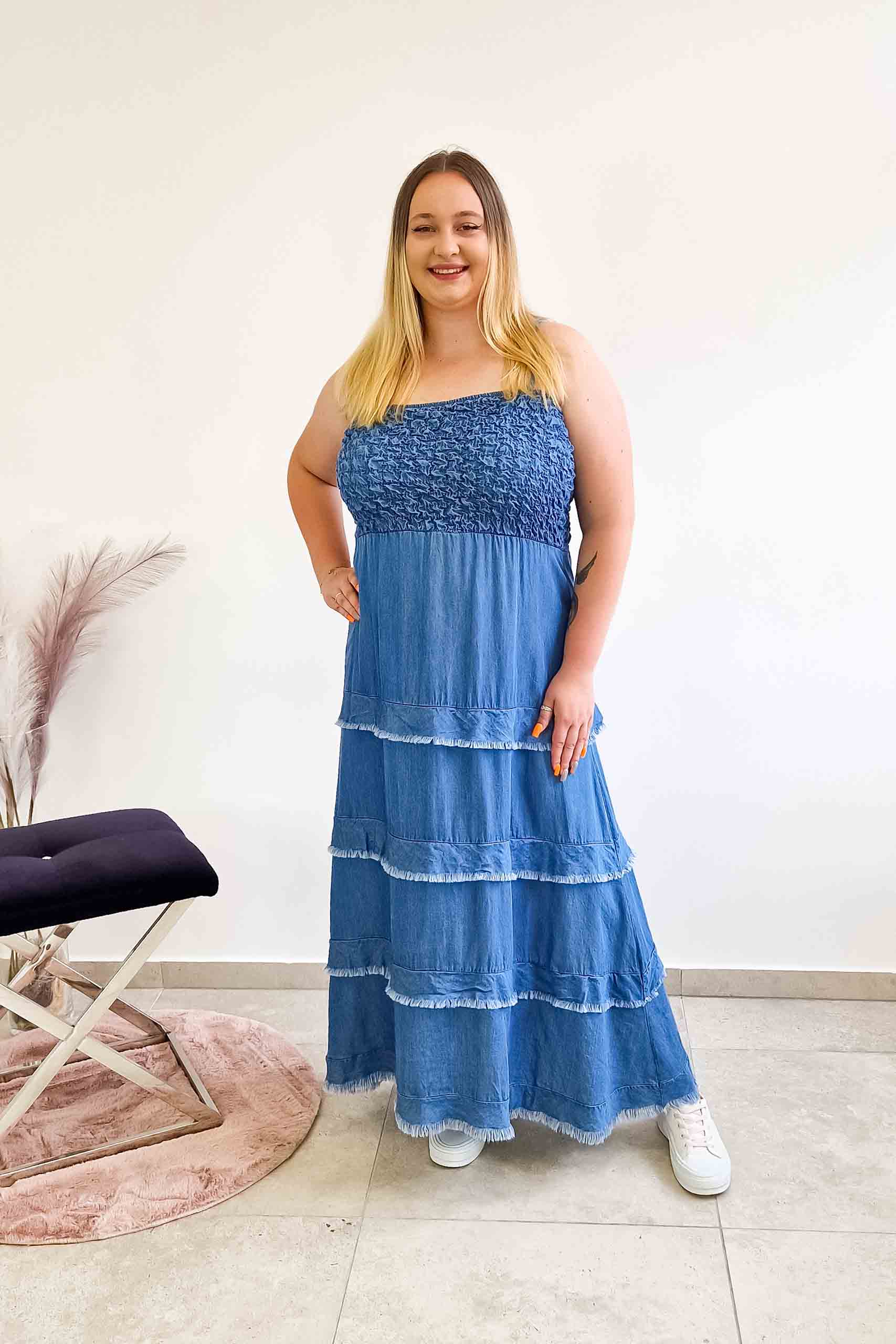 Dlouhá džínová Šaty s ramínky, modrá, Uni