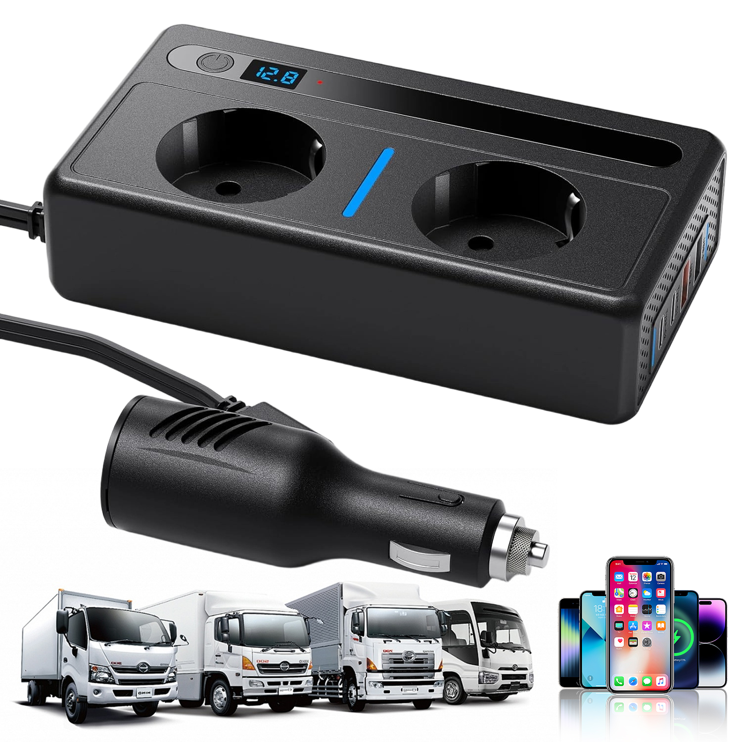 Automobilový Měnič 12V 220V 300W 2xAC 2xUSB 2xTYPEC Napětí Monitor