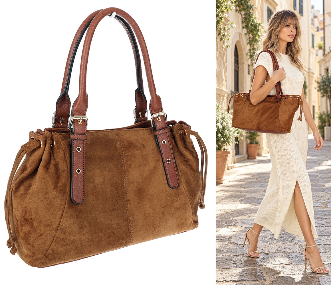 Dámská kabelka Semišová Shopper Kufřík Prostorná Elegantní AM47 Hnědá