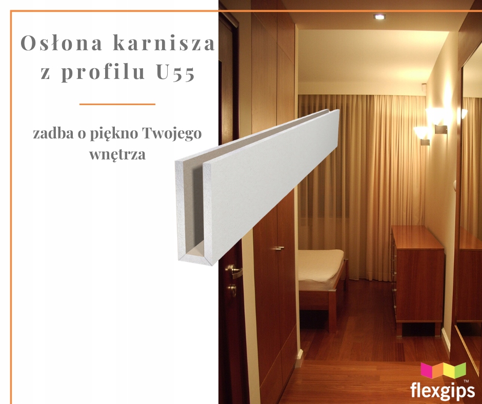 OSŁONA KARNISZ OŚWIETLENIE LED PROFIL U55 ZABUDOWA Grubość 12.5 mm