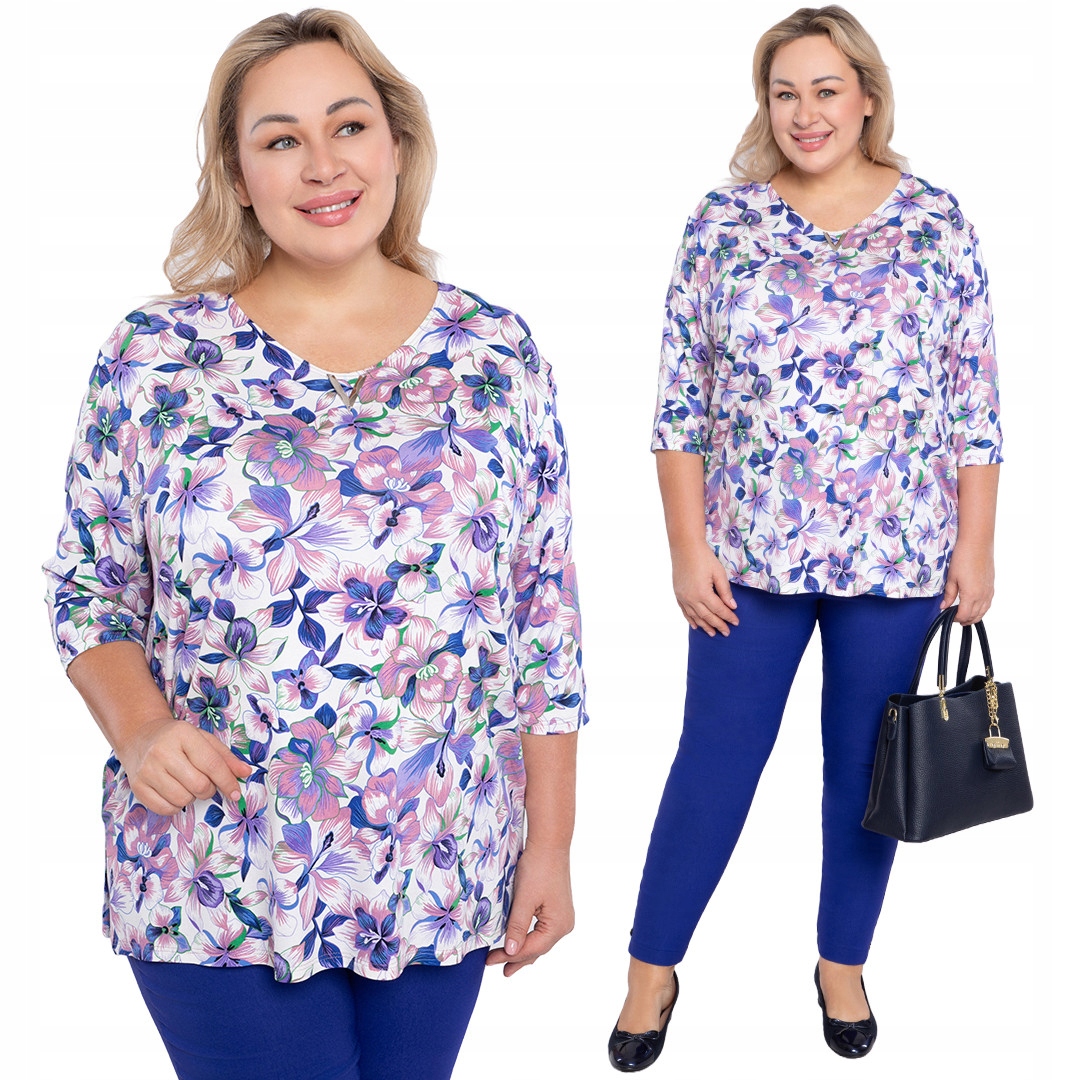 Bílá halenka s fialovými květy a ozdobou 60/62