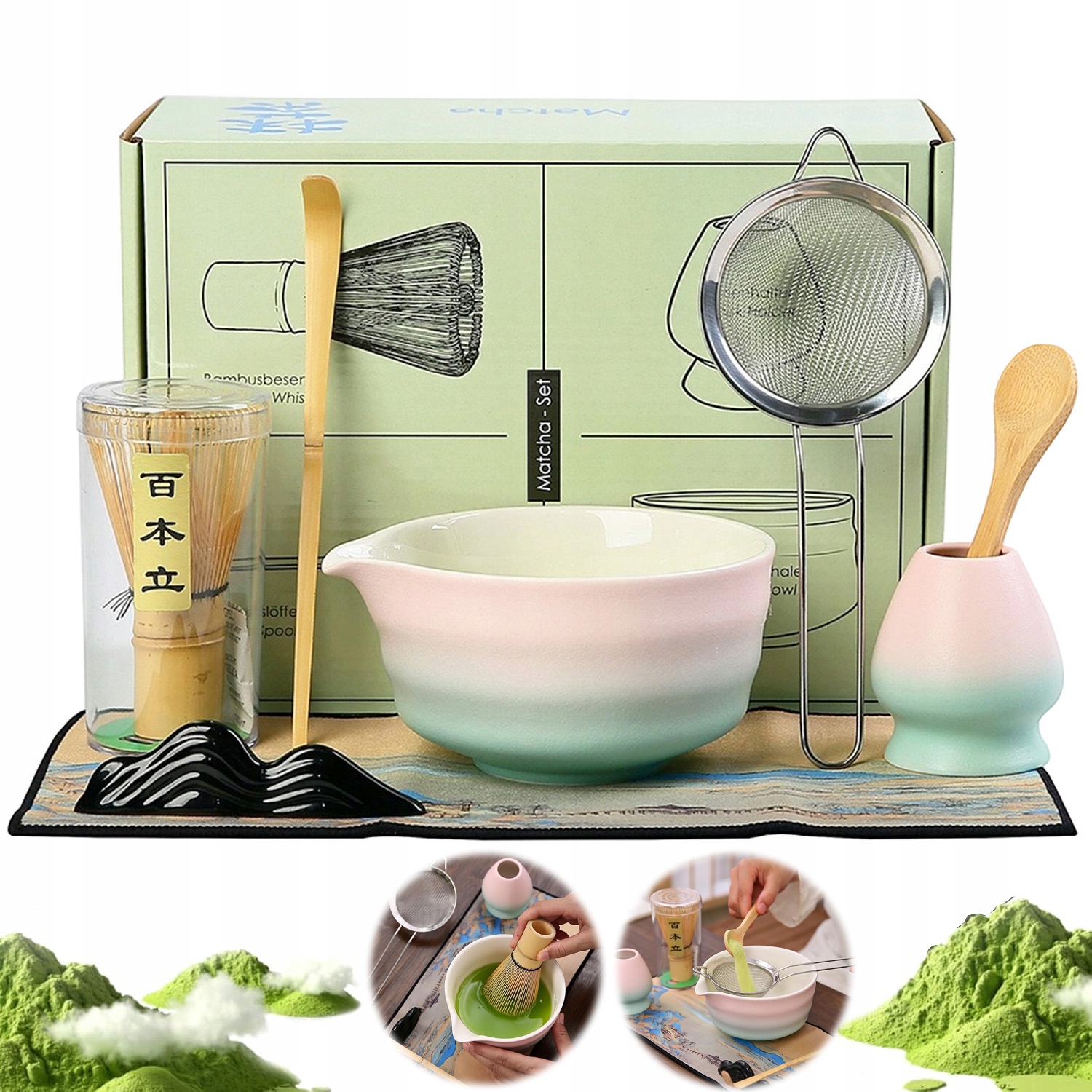Zestaw Prezentowy Do Herbaty Matcha Czarka Miotełka Zielony 8SZT