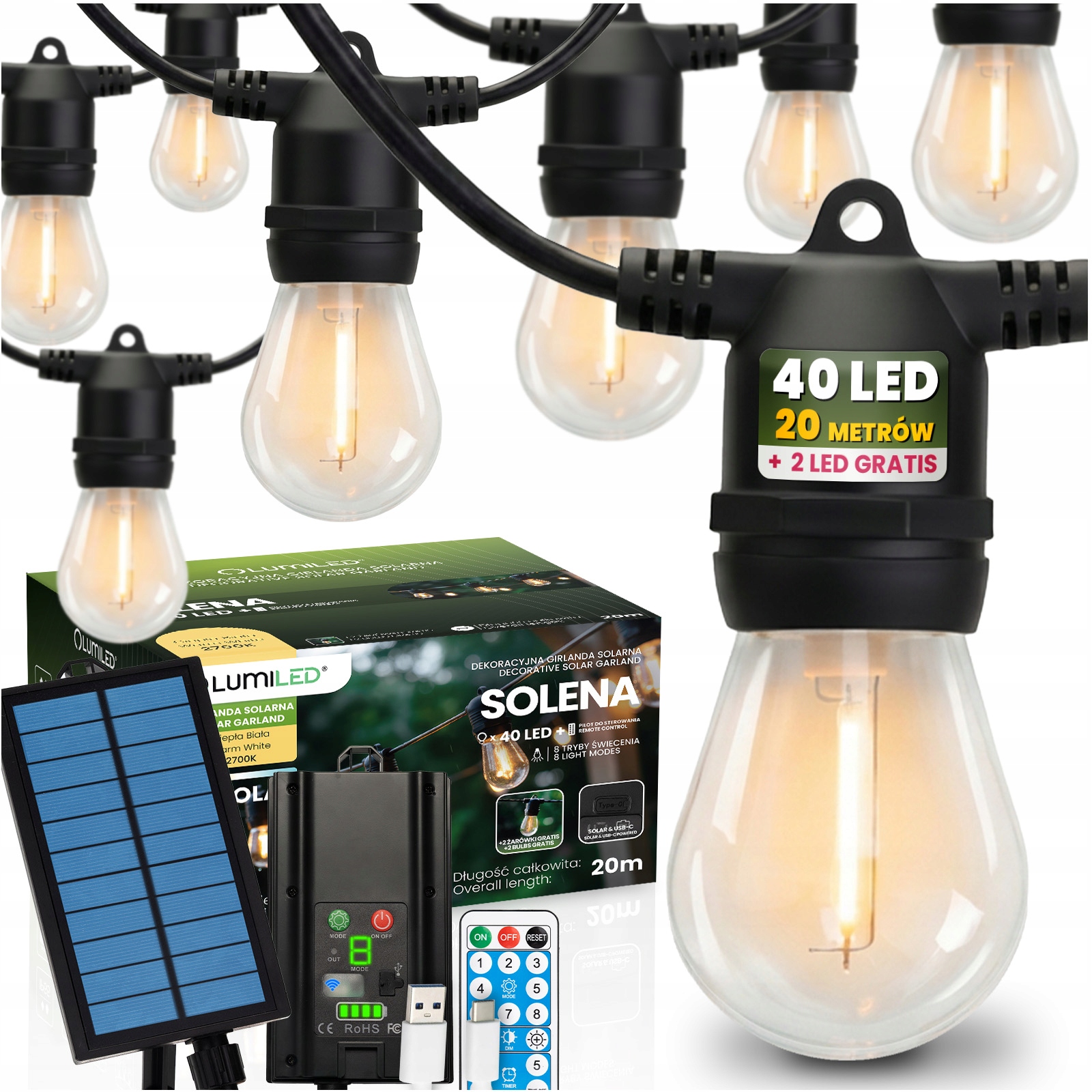 Solární zahradní světelná girlanda 40 Led na balkon 20 m Pilot +2 Led Bonus