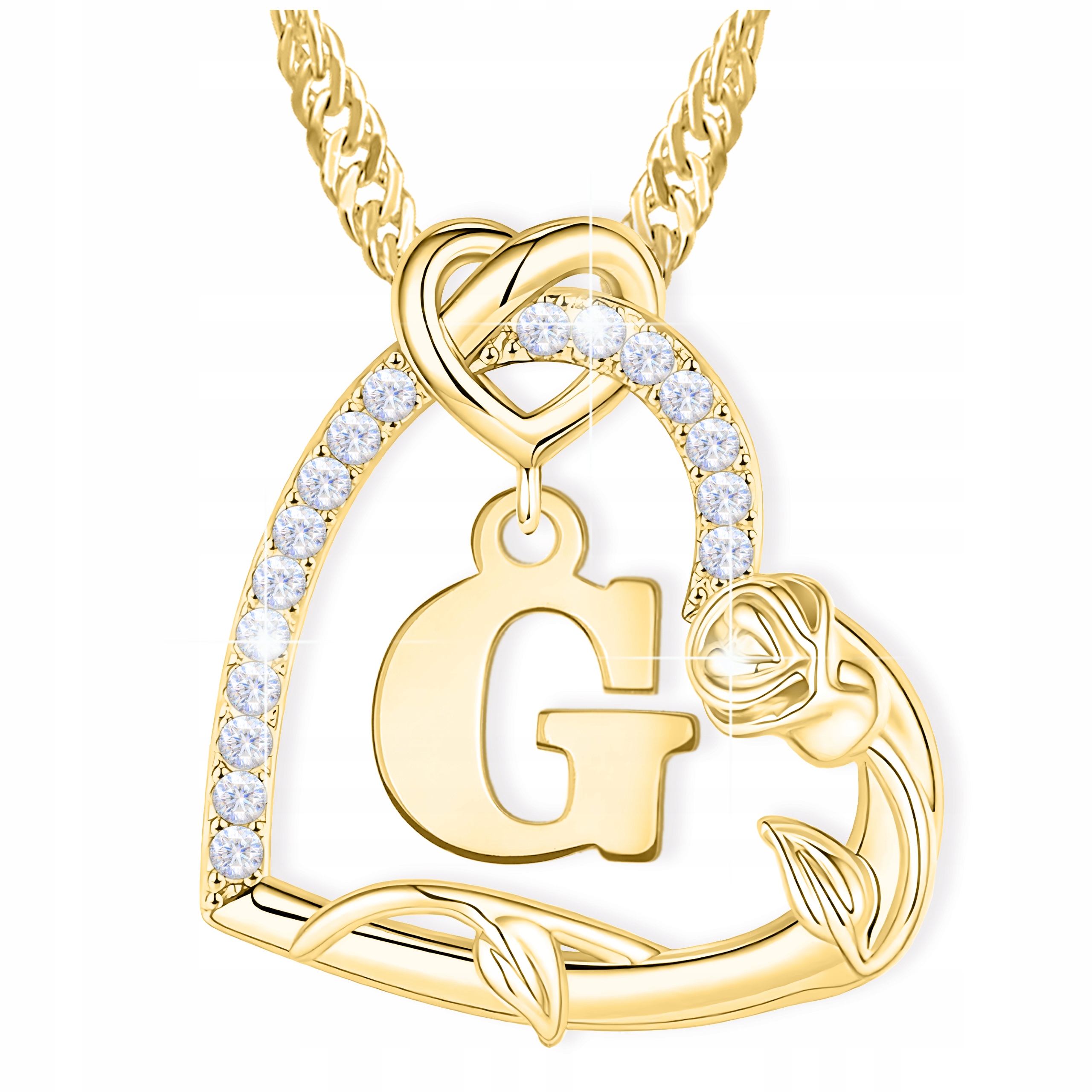 Naszyjnik Złoty z Literą Literką G Serce z Cyrkoniami Kwiat Róża Srebro 925