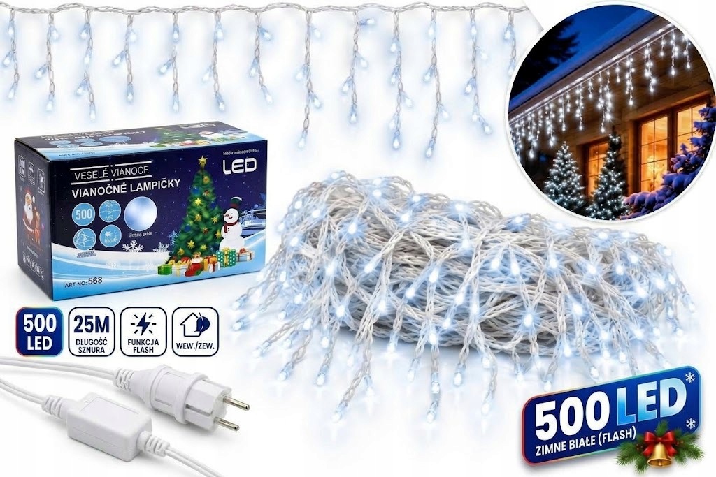 Vánoční Osvětlení Rampouchy Venkovní 500 Led 25 M Bílý Studený Flash Kombinovaný
