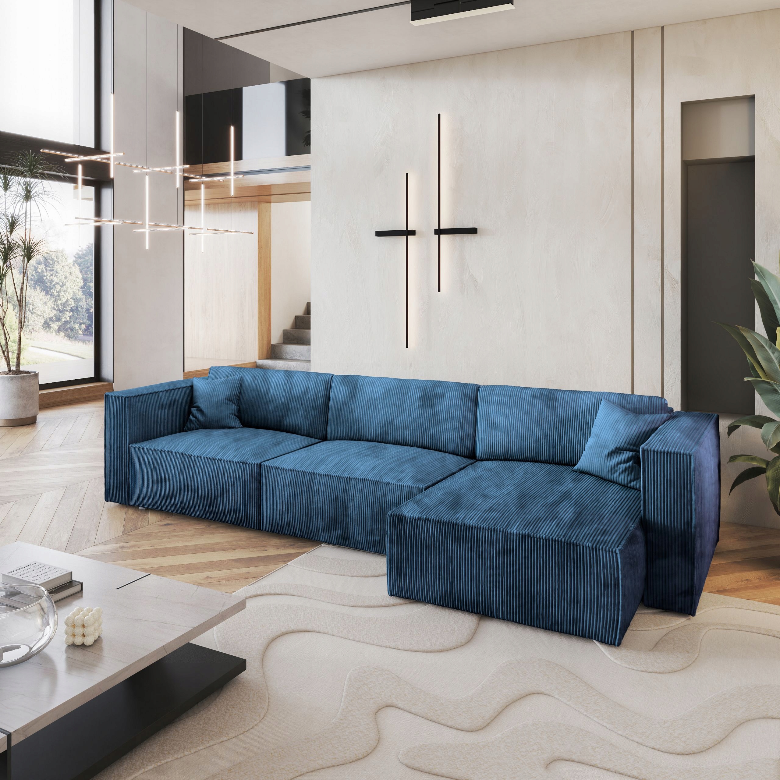 Rohová Sedací Souprava Tolmo Funkce Spaní Glamour Štrks Modrá