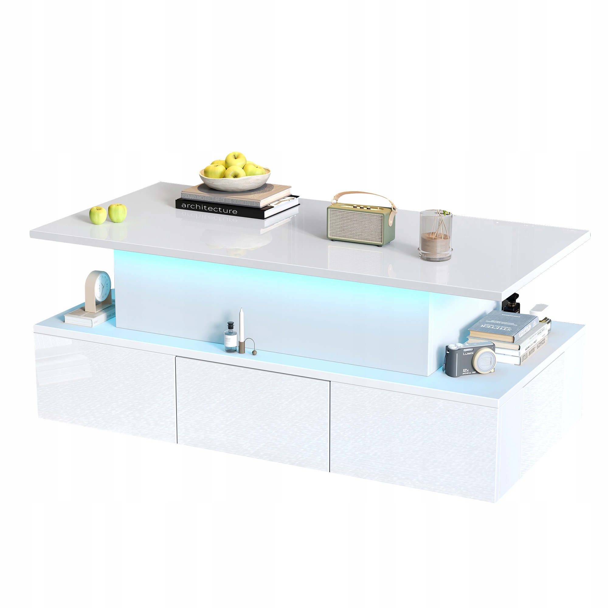 Stolik kawowy 100x50x40 podnoszony blat Led Mdf biały