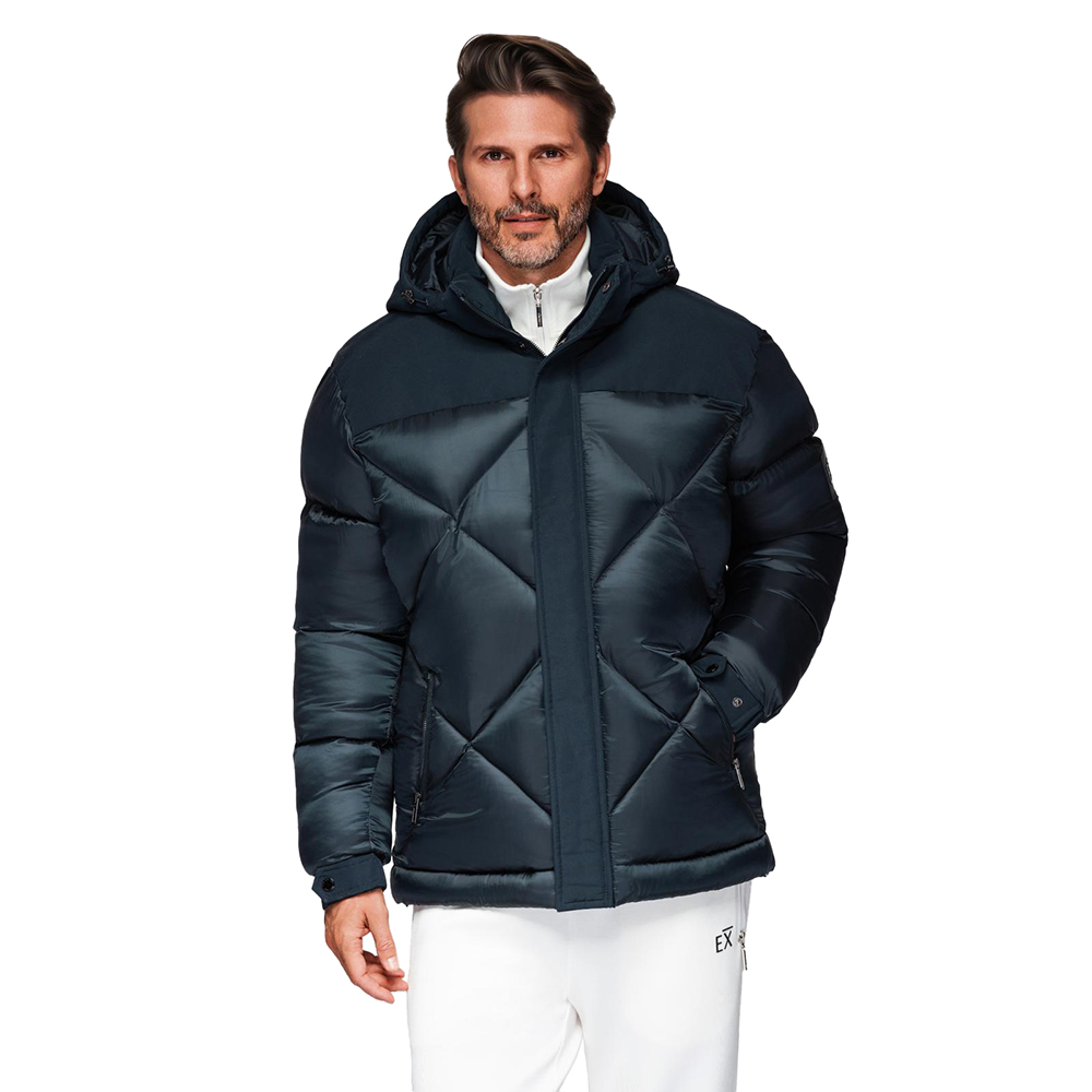 Pánská bunda s kapucí s kosočtvercovým prošíváním tmavě modrá V2 OM-JAHP-0237 vel. M