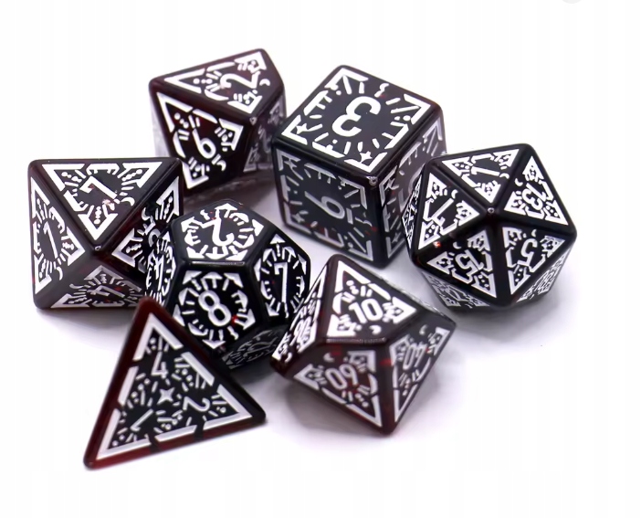 ZESTAW 7 KOŚCI KOSTEK RPG Biało Czarne Warhammer DnD