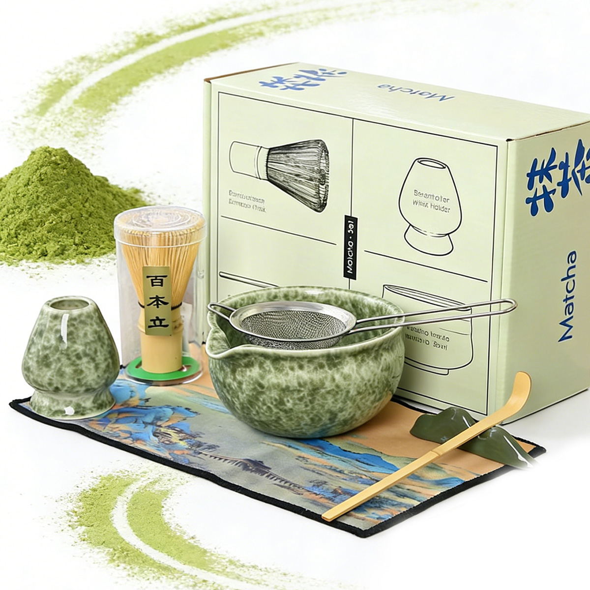 Dárková Sada Na Čaj Matcha Metla Podložka Lžička 7v1