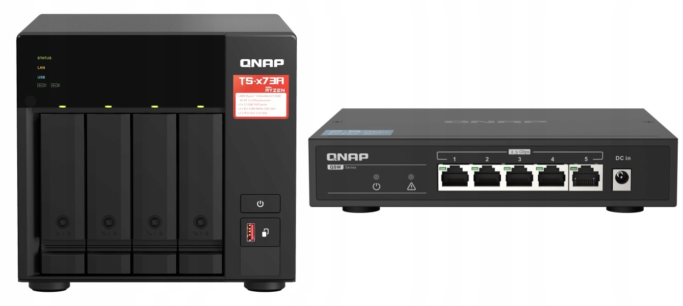 Serwer plików NAS QNAP TS-473A-8G + switch QSW-1105-5T 2,5