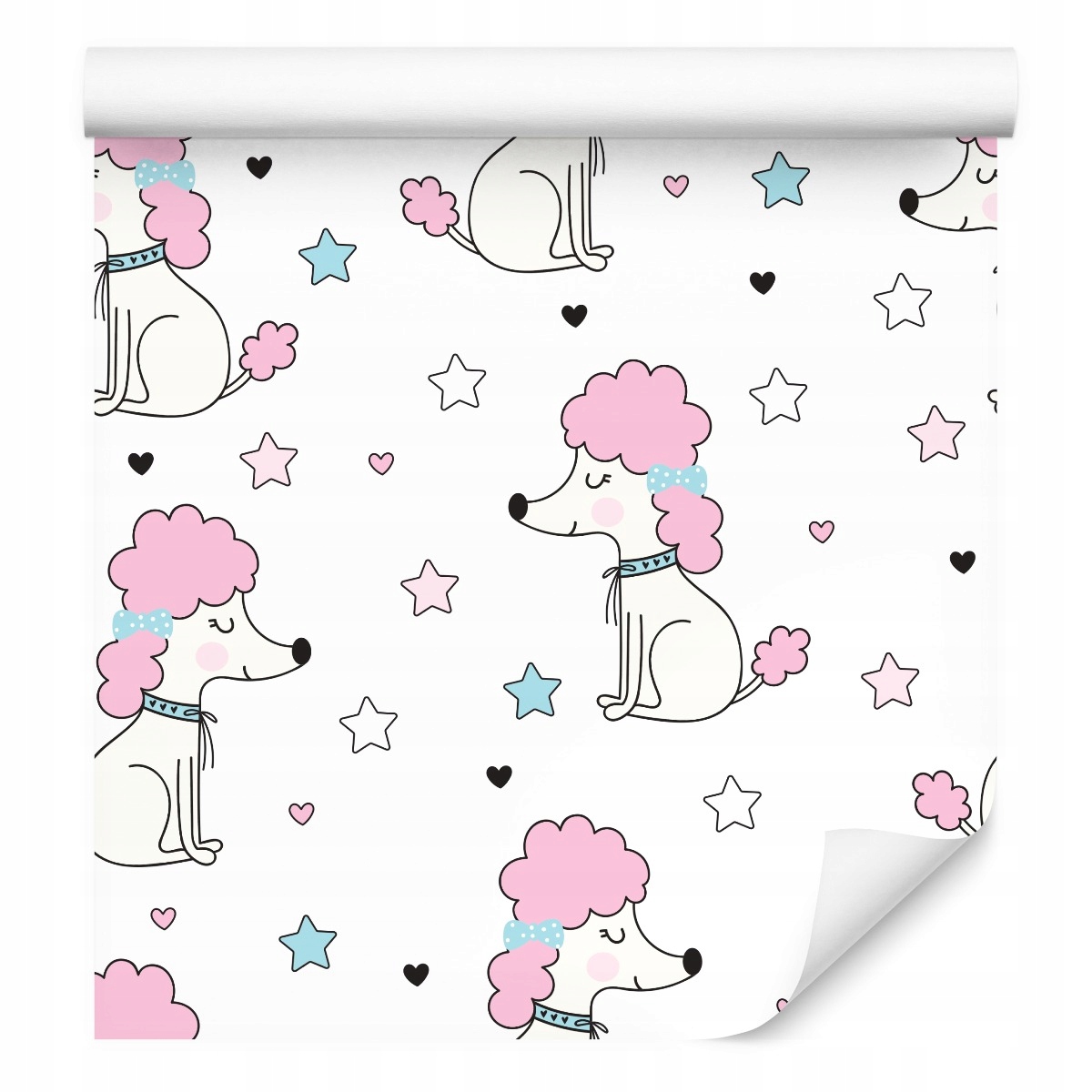 Tapeta do dívčího pokoje, krabičky, psi, hvězdičky