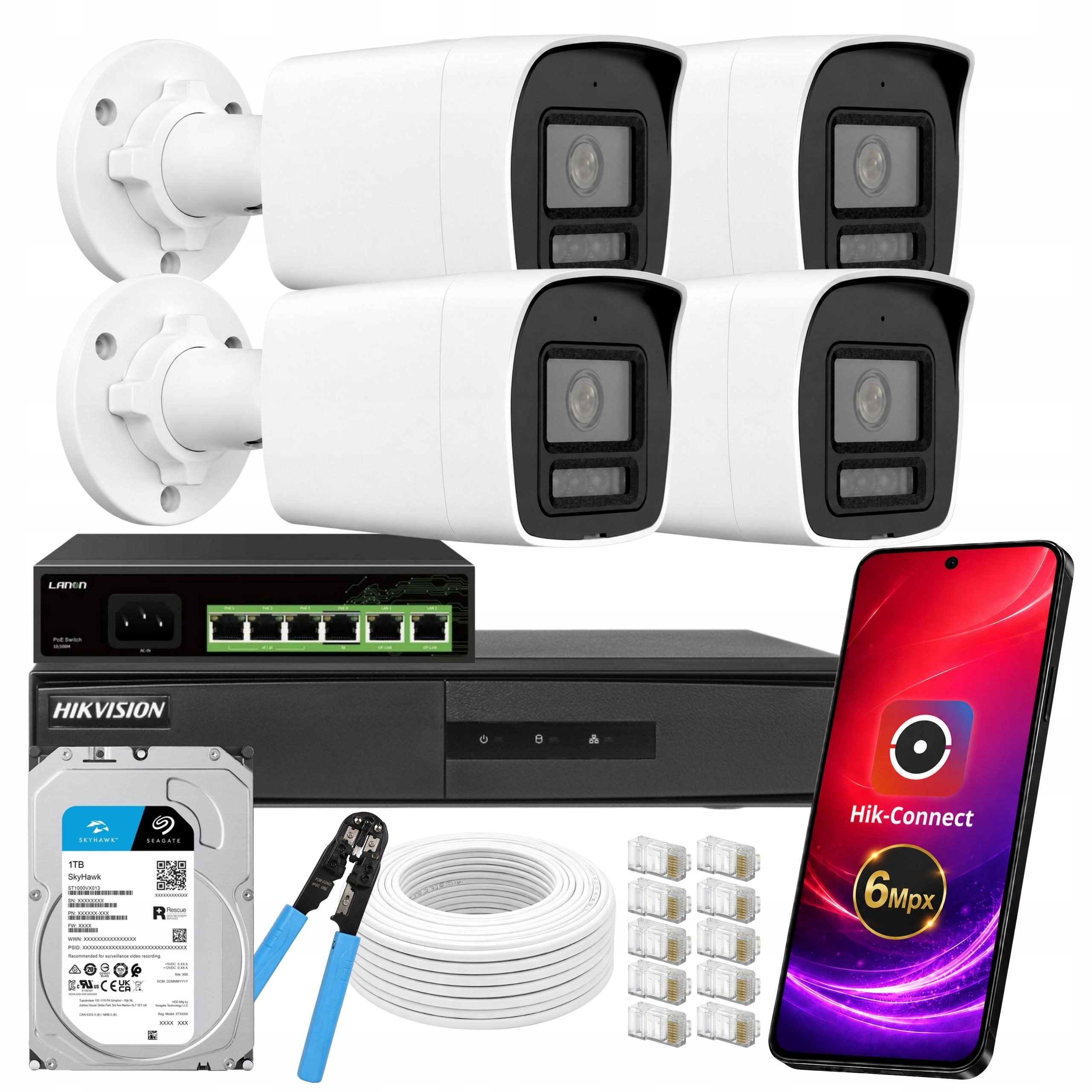 Kompletné monitorovanie Hikvision záznamník 4 Ip kamery 6Mpx záznamník 1Tb