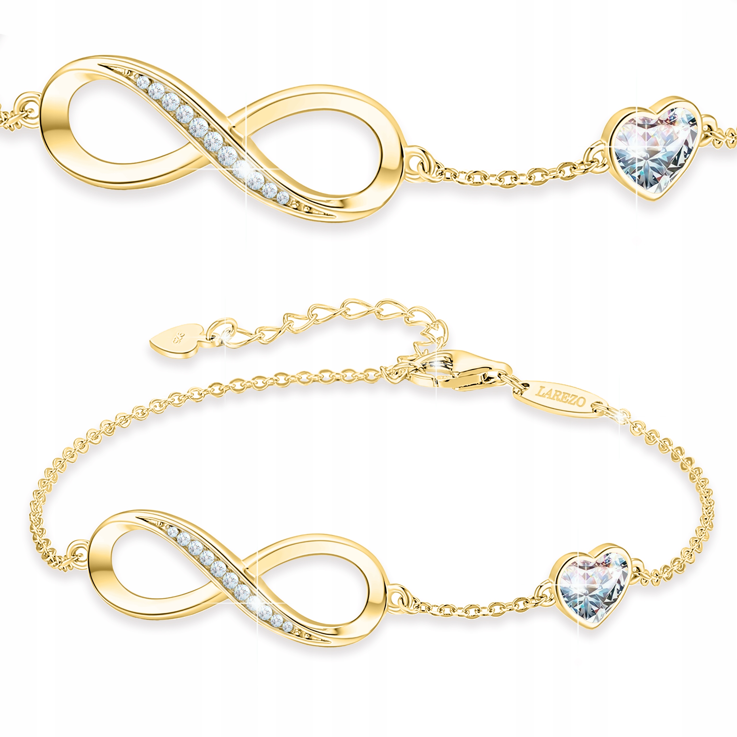 Zlatý náramek Symbol nekonečna Bílé srdce Srdíčko Stříbro 925