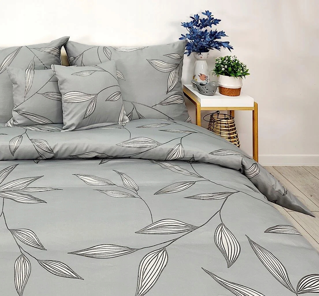 Pościel satyna Premium 100% bawełna szara w liście silver 4874A 220x200