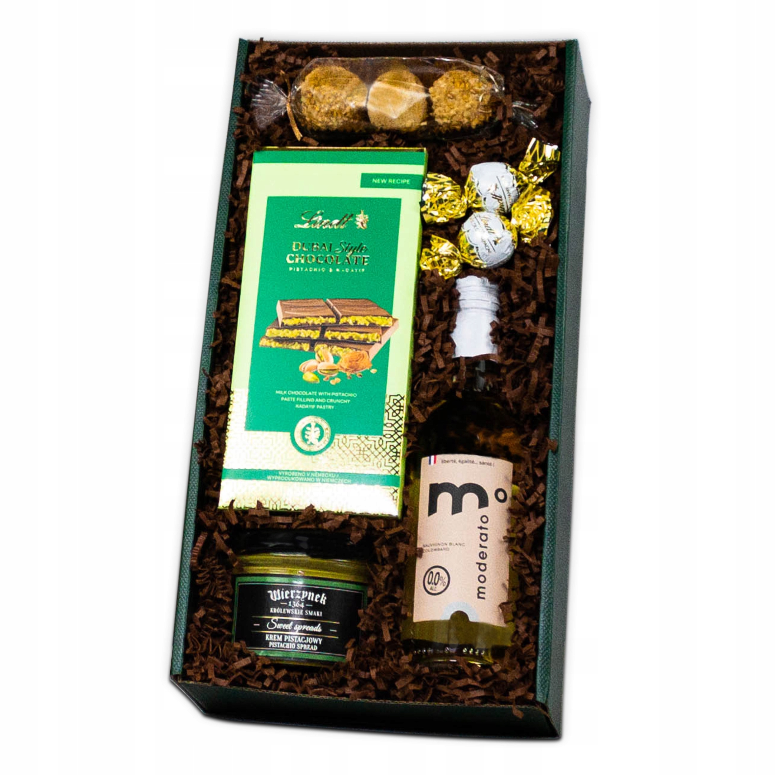 Levně Dárkový Koš s vínem, Čokoláda pistáciovým krémem a Pralinky Lindt