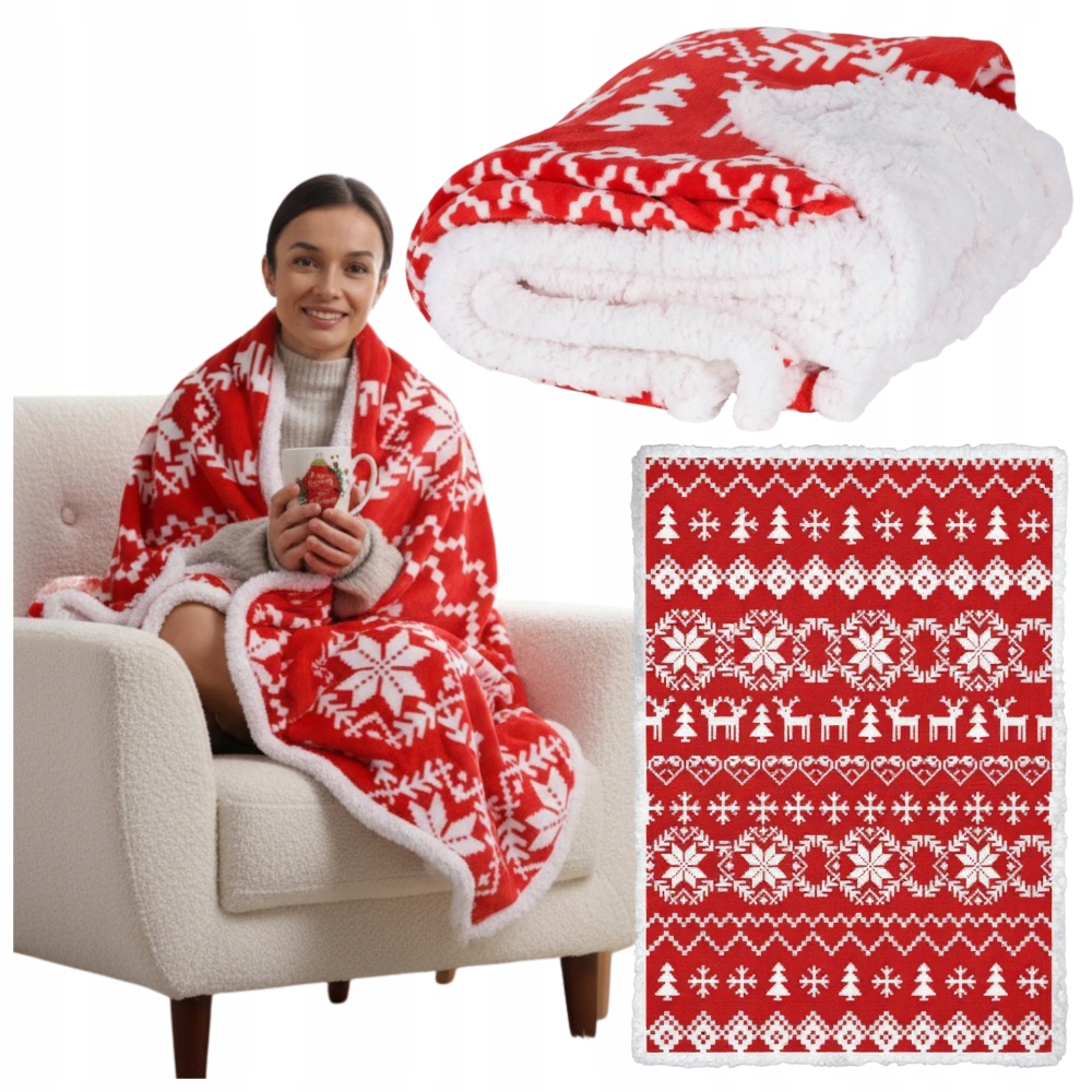 Vánoční deka oboustranná měkká teplá silná na postel chlupatá červená