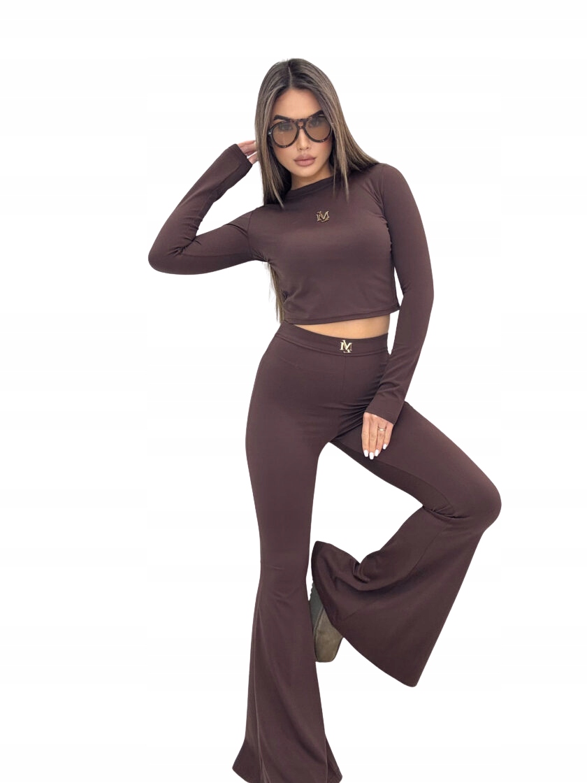 Dámská souprava slim střihu: halenka zvonové kalhoty, přiléhavá Millagro Basic, hnědá
