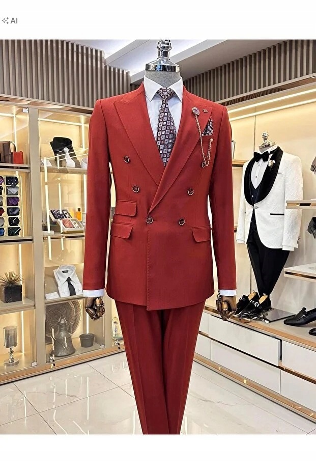 Dvouřadý Elegantní Pánský Oblek V Červené Barvě 48 5IA