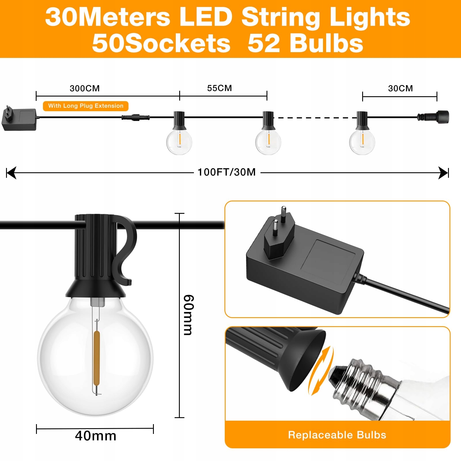 GLUROO Girlanda Lampki LED Zewnętrzne 30M 50+2 G40 Wodoodporne Ciepła Biel — miniatura 6