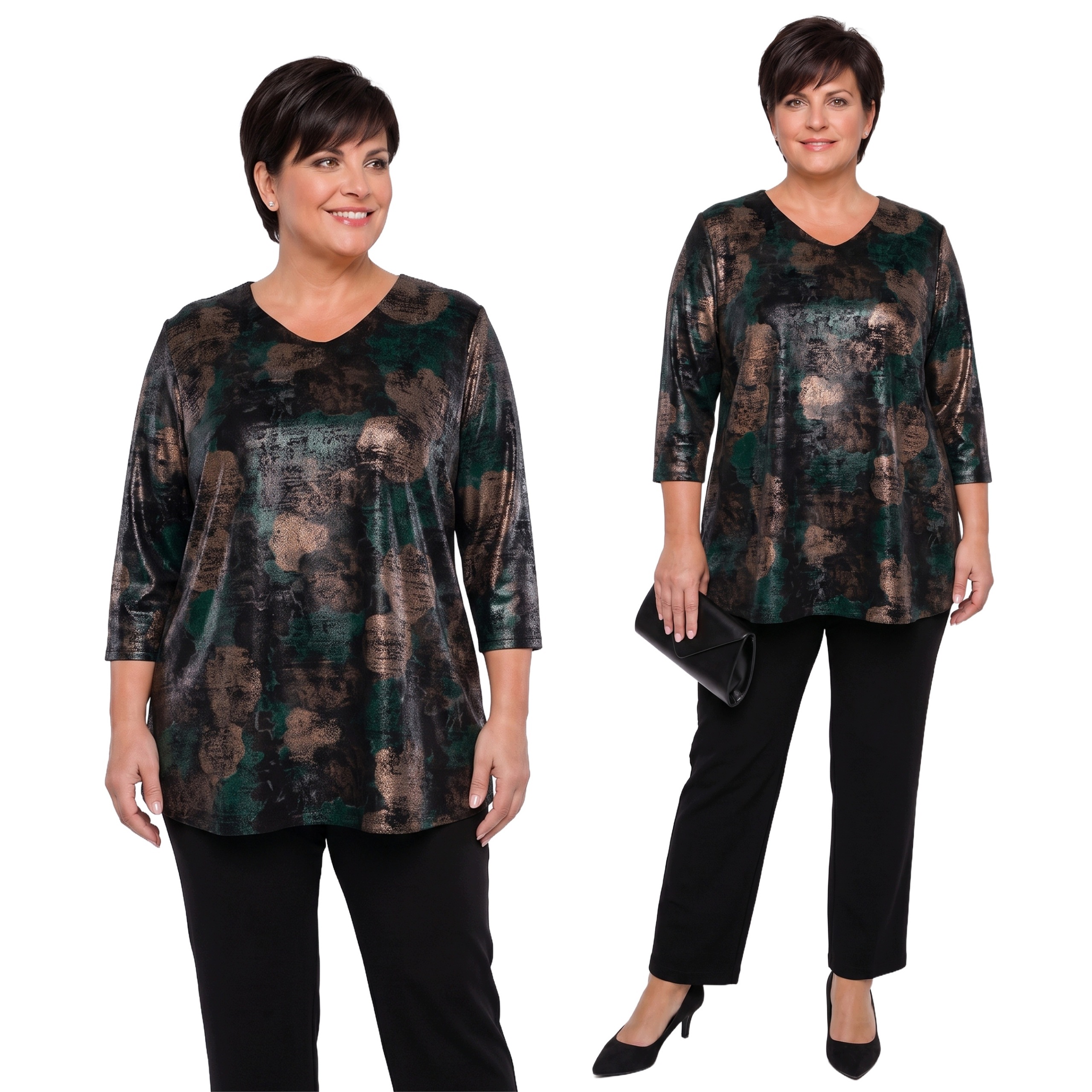 Černý komplet s zeleno-zlatými vzory a kalhotami plus size velikost 54