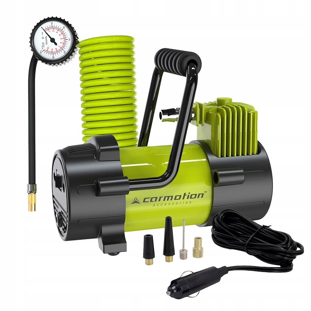 Kompresor vzduchu pístový 12V, 10 Bar, spirálová hadice, tlakoměr 400 cm