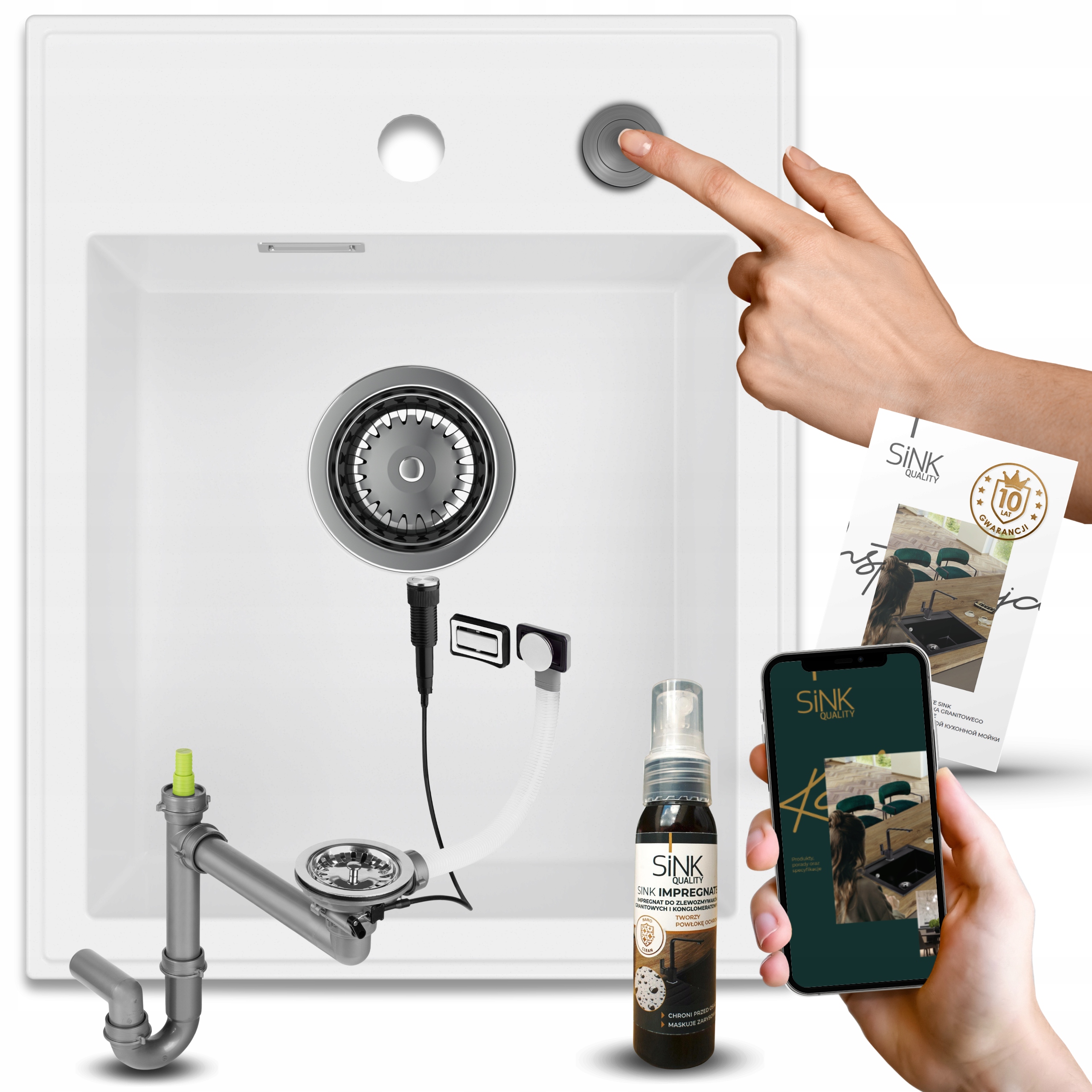 Drezové Umývadlo Jednokoromové Granitové Biele Sifónové Tlačidlo Impregnácia