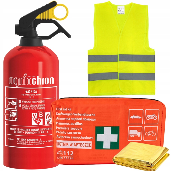 GAŚNICA SAMOCHODOWA 1KG BC 2024 APTECZKA DIN 13164 Z USTNIKIEM KAMIZELKA