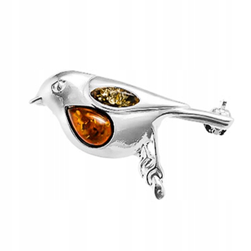 Stříbrný Ptáček vrabec rudý brož s přírodním Jantarem stříbro 925