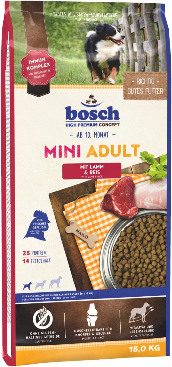 Levně Suché krmivo Bosch Adult Mini Lamb & Rice, jehněčí maso a rýže 15 kg