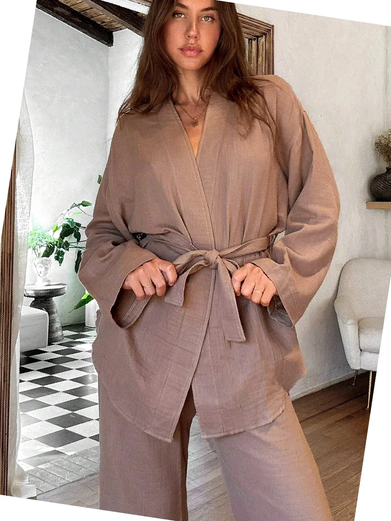 Letní komplet s páskem Dámský Oversize s vázáním na každý den Hnědý S 36