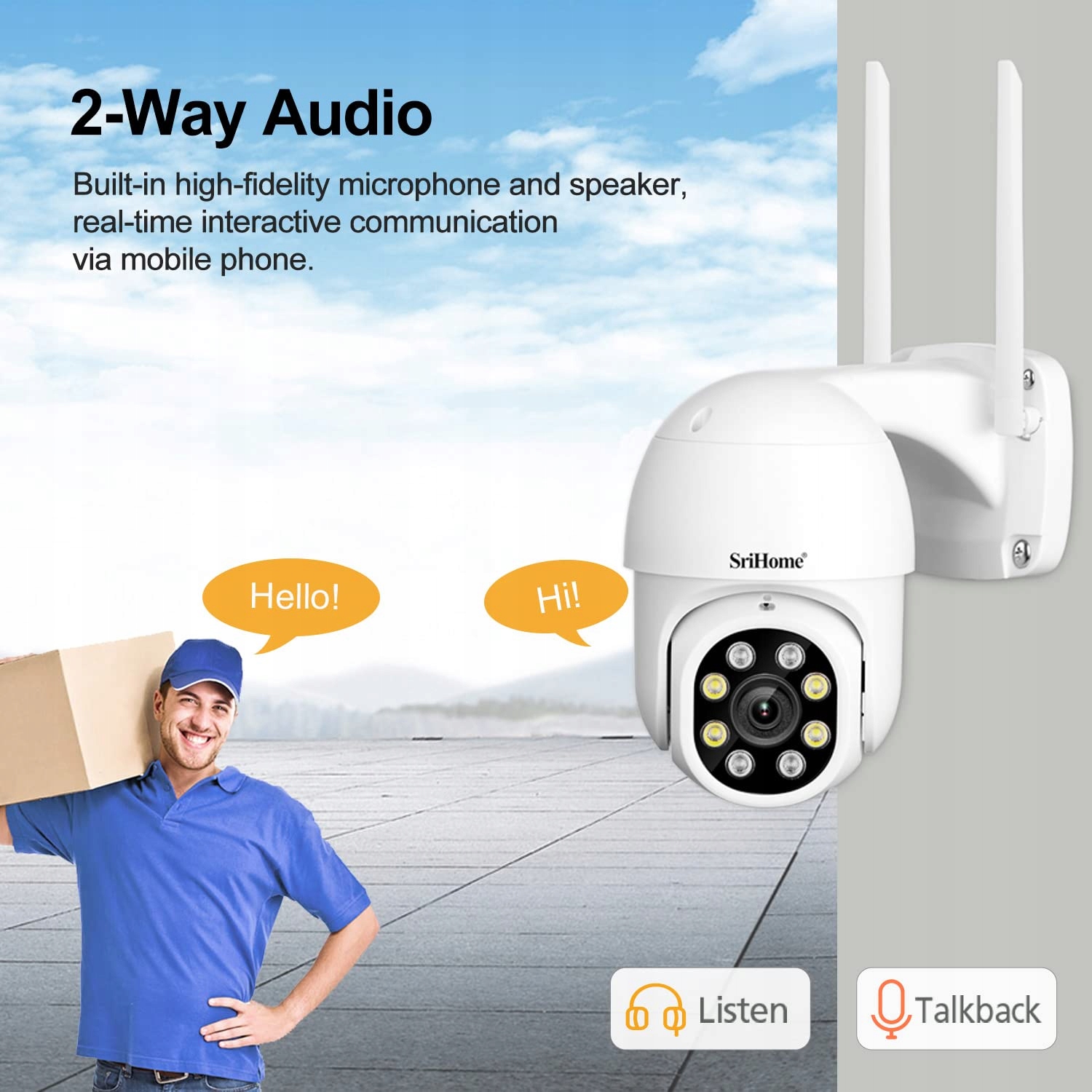 SRISHOME Kamera Zewnętrzna 1080P WiFi PTZ IP66 Nocna Dwukierunkowa Audio — miniatura 3