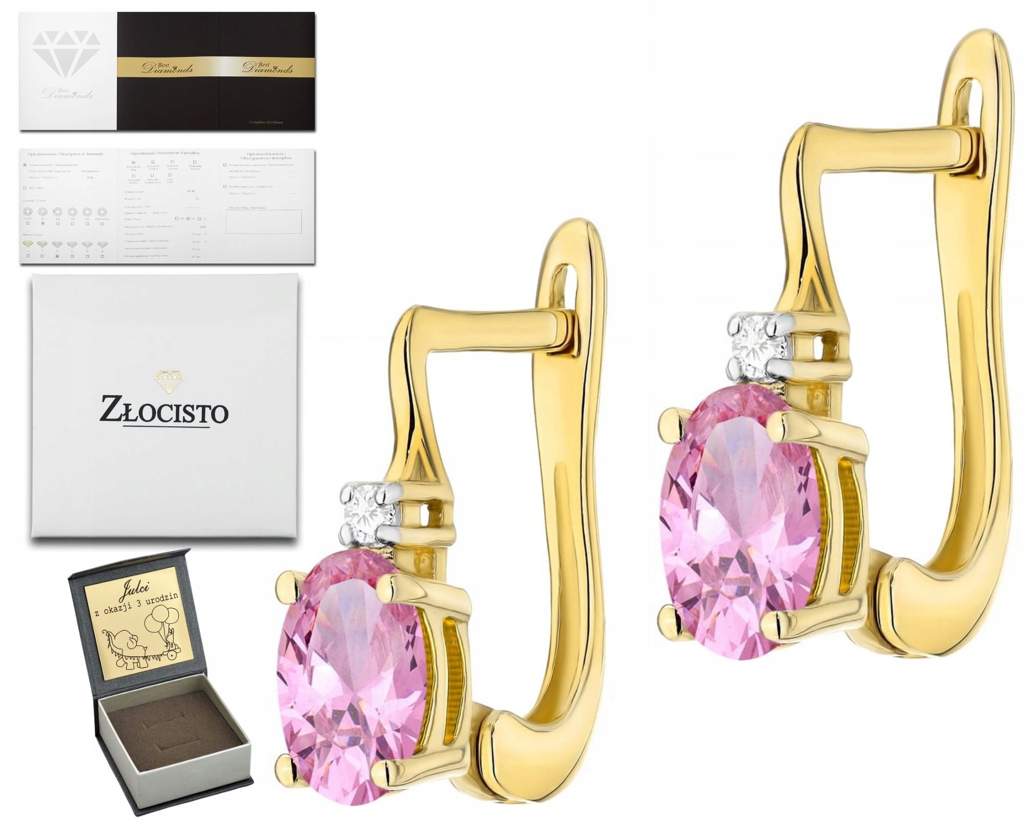 Elegantní Zlaté Náušnice S Diamantem V Růžovém Safíru Na Anglickém Zapínání