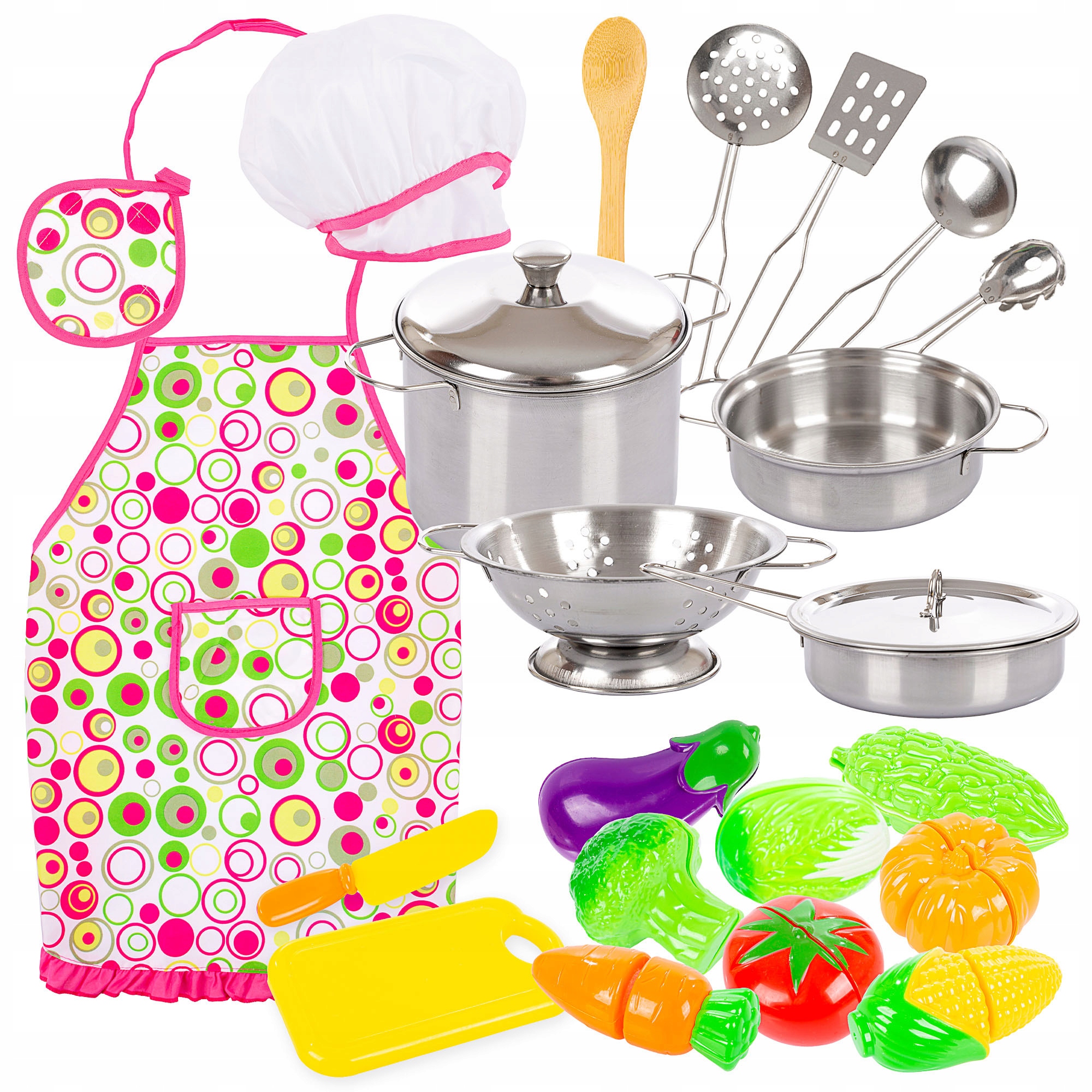 ZESTAW KUCHARZ DLA DZIECI GARNKI FARTUCH AKCESORIA NA RZEP CZAPKA KUCHARSKA