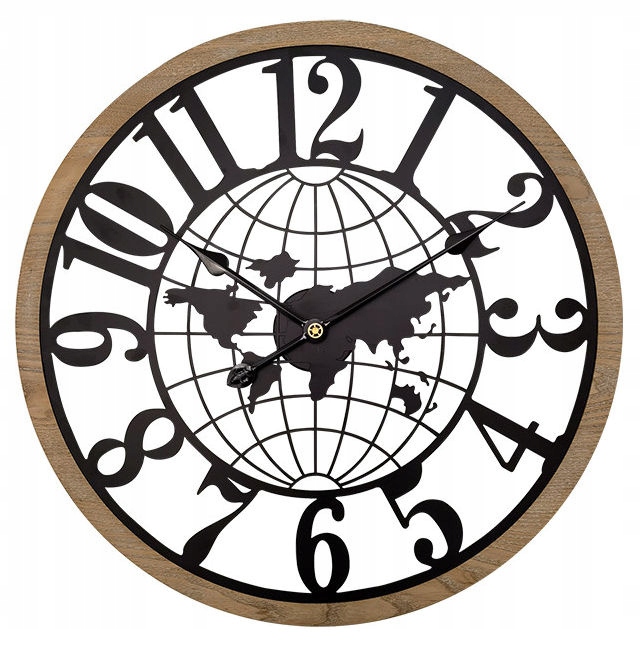 Veľké Čierne Drevené Kovové Nástenné Hodiny Mapa Sveta Mpm E04.4528 60 cm