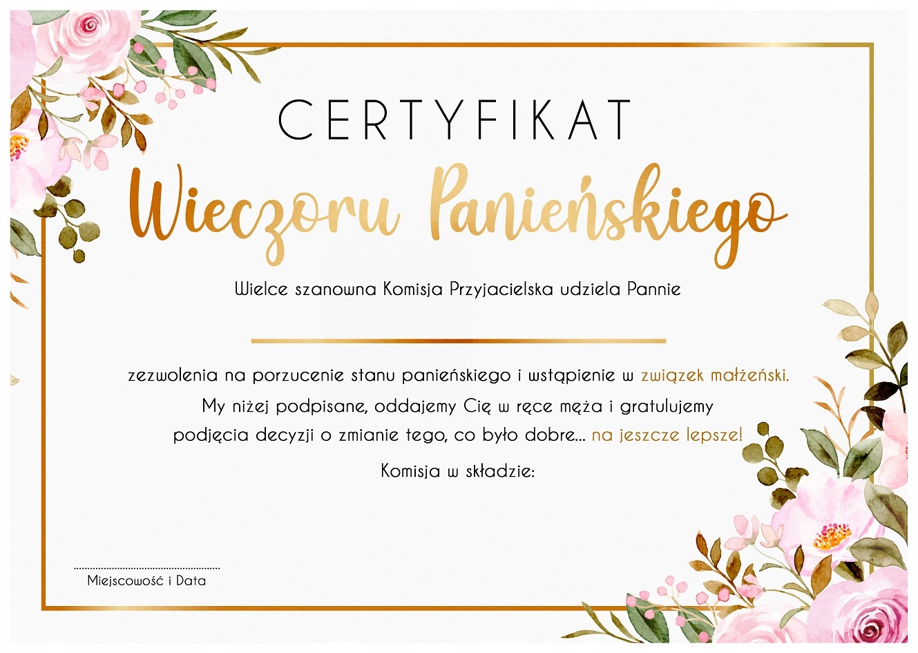 

Certyfikat Na Wieczór Panieński A4 Boho II A4