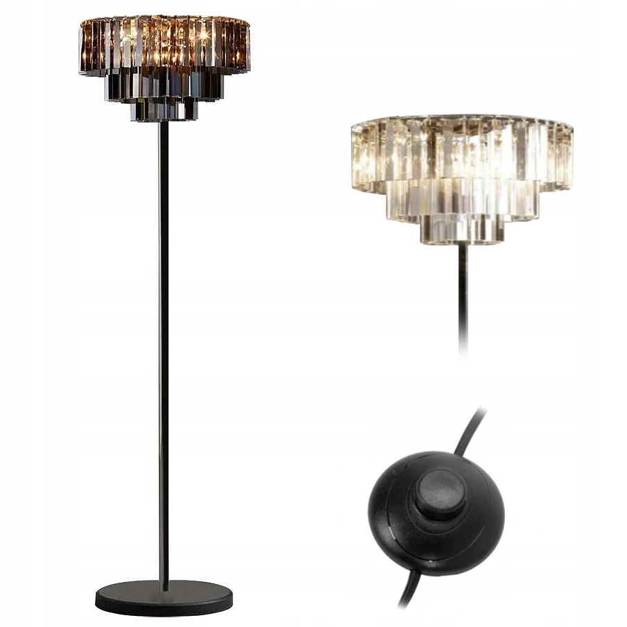 Moderná Stojaca Krištáľová Podlahová Lampa Čierna Glamour Toolight