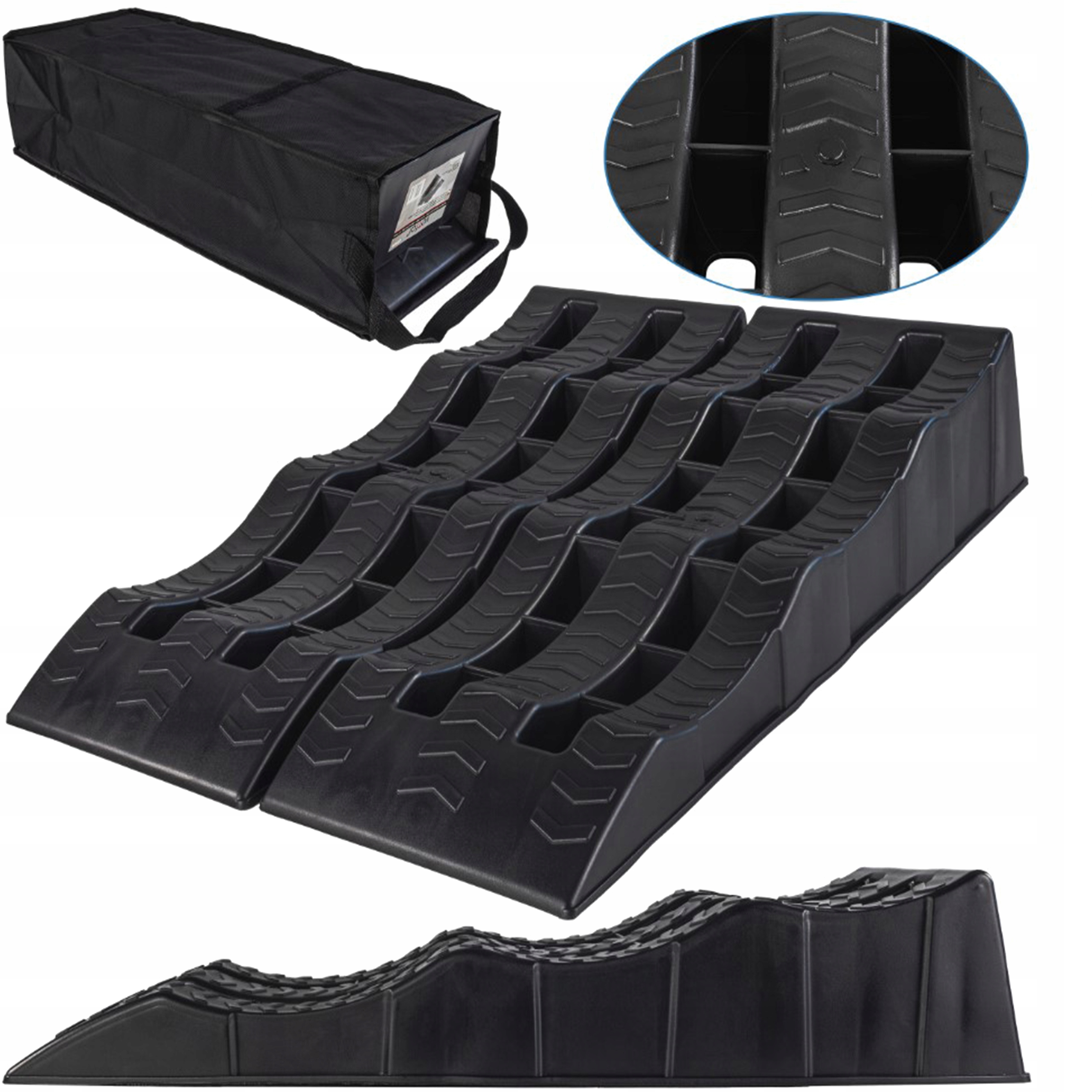 KLINY NAJAZDY PODKŁADY POZIOMUJĄCE 2 SZT KOMPLET TORBA KEMPING PRZYCZEPY 5T