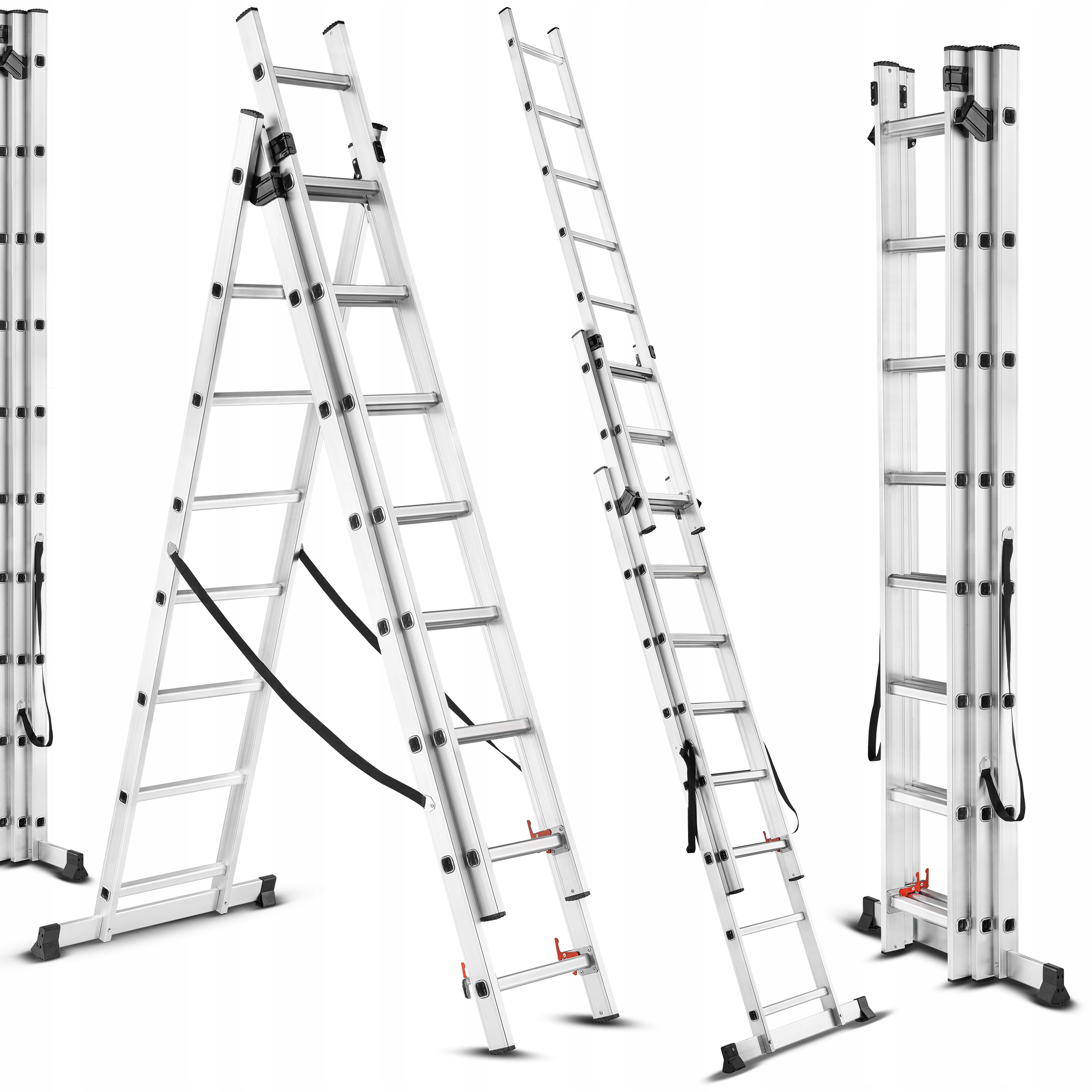 Hliníkový rebrík 3x8 stupňov, multifunkčný, univerzálny, 150 kg, 5,86 m, Silný