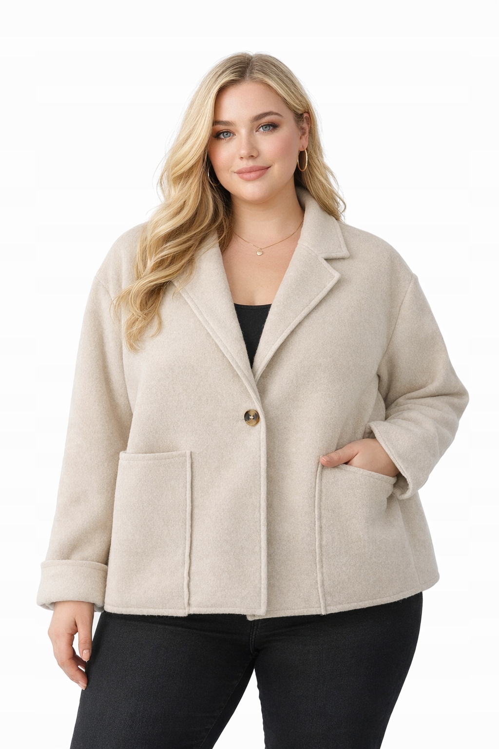 Krátký dámský kabát Ecru Měkký přechodový knoflík Kapsy 44 46 2XL 3XL