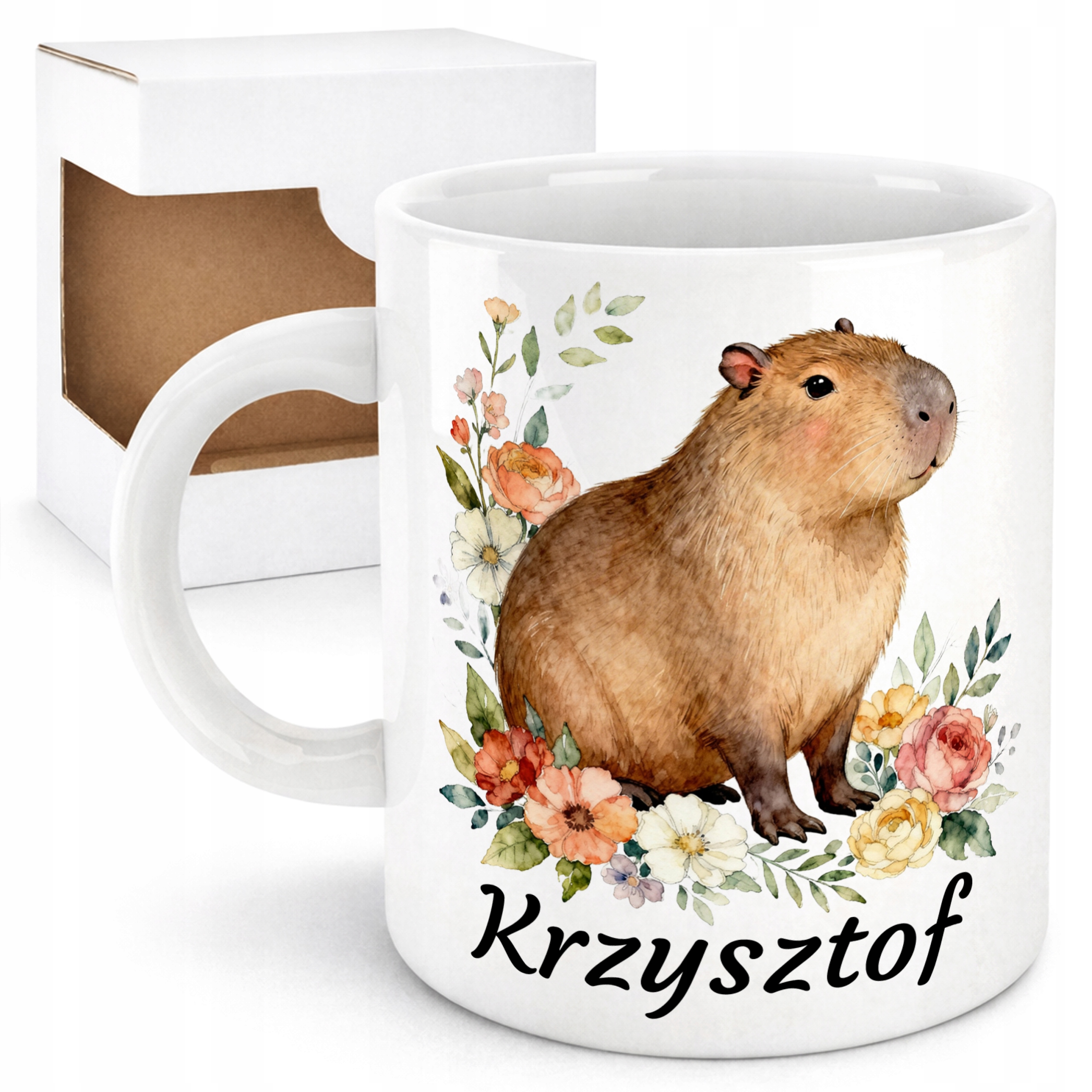Kubek z Kapibarą w kwiatach capybara Twoje imię 330ml wz2