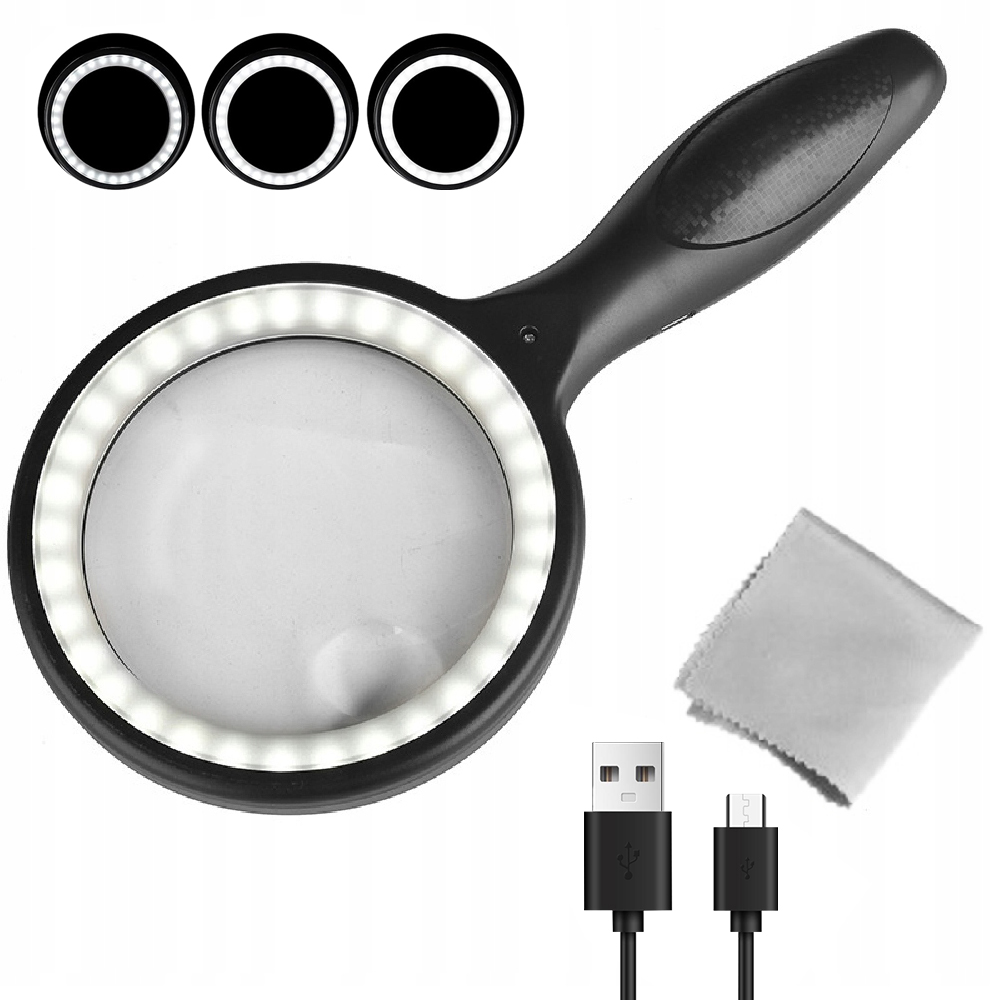 LUPA SZKŁO 5x 10x POWIĘKSZAJĄCE Z PODŚWIETLENIEM 33LED ŁADOWALNA 1200mAh