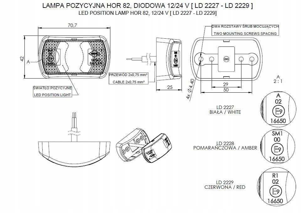 Lampa obrysowa - LD 2229 Strona zabudowy przednie lewe przednie prawe