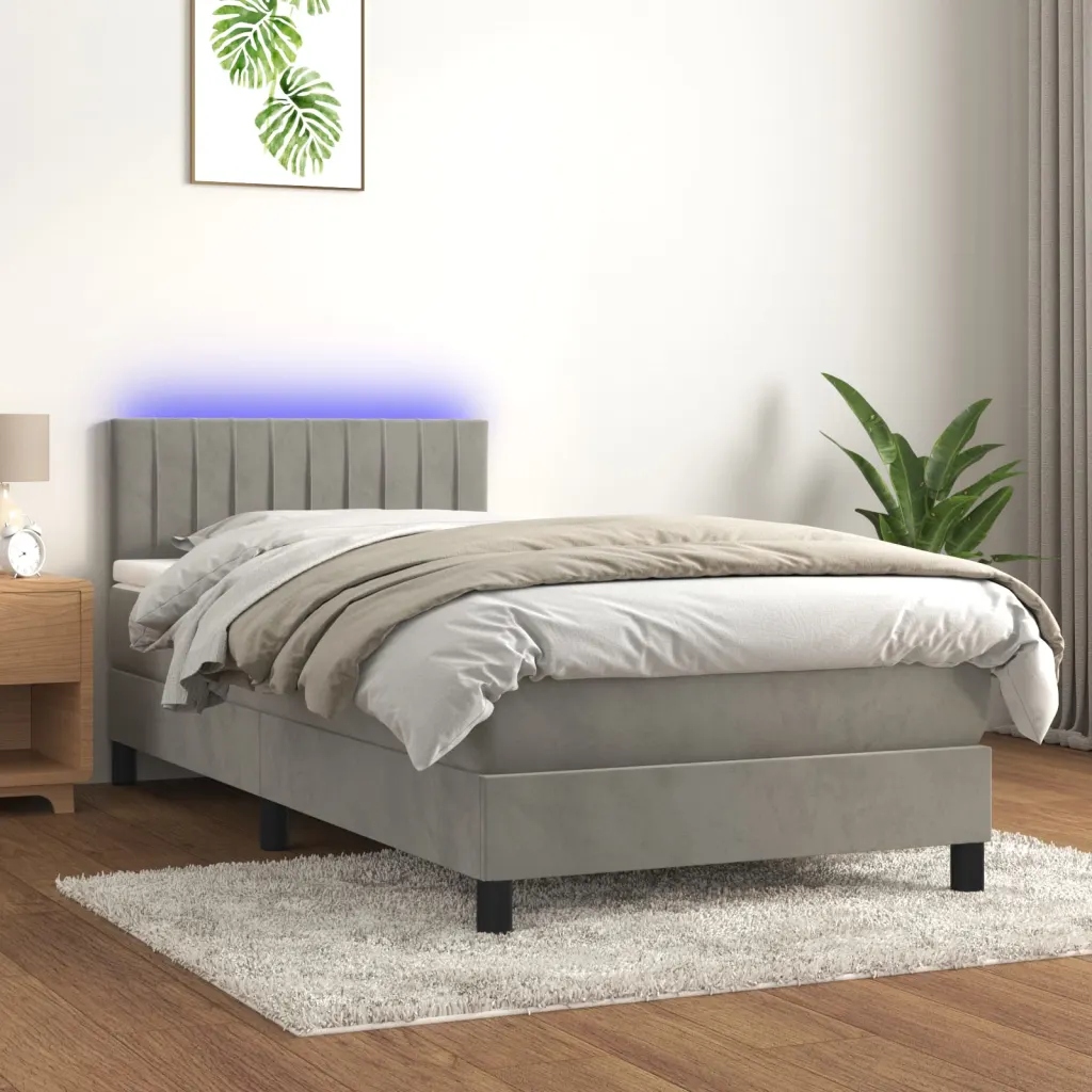 vidaXL Box spring postel s matrací a Led světle šedá 100x200 cm samet